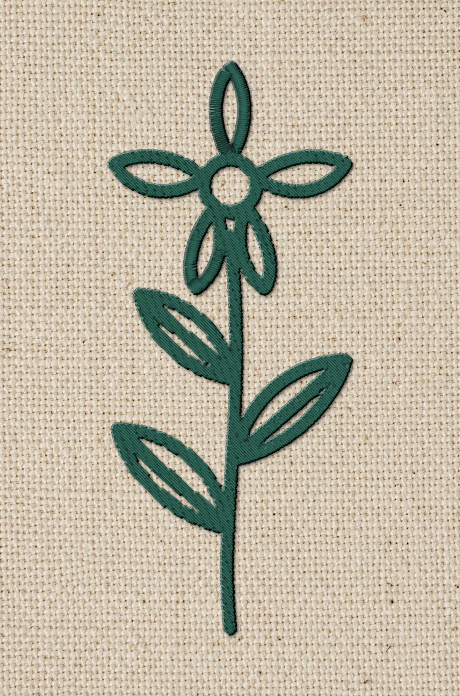 Stitched render on fabric of a flower sprig sewn as dark green satin lines in one color