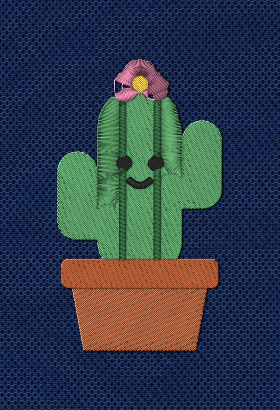 Stitched render on fabric of a green fill cactus with a pink flower, a small stitched face and a terracotta pot