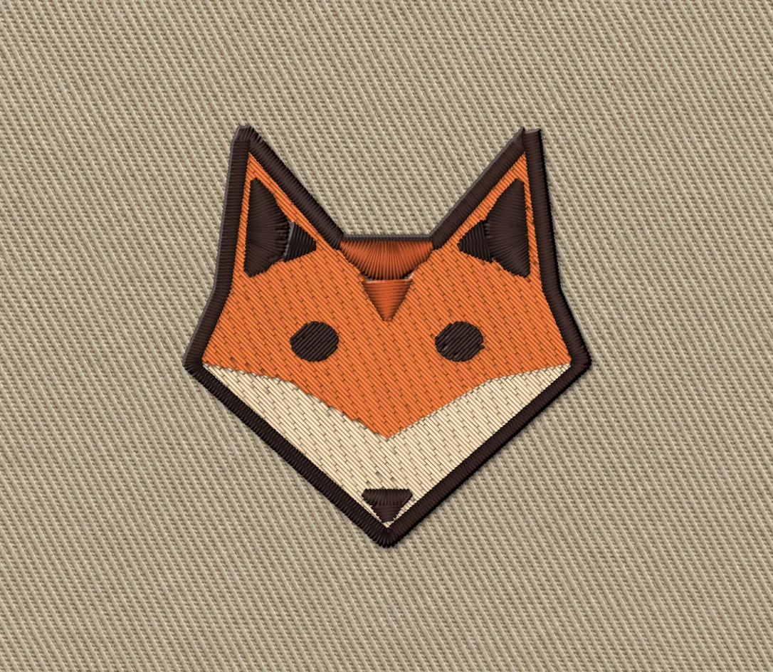 Fox mascot stitched in Classic: fill and satin in orange, cream and brown